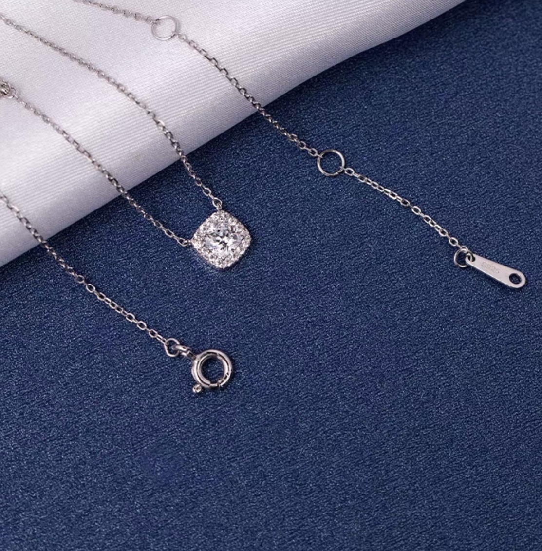 Square studded diamonds, vintage square diamond sterling silver necklace for women