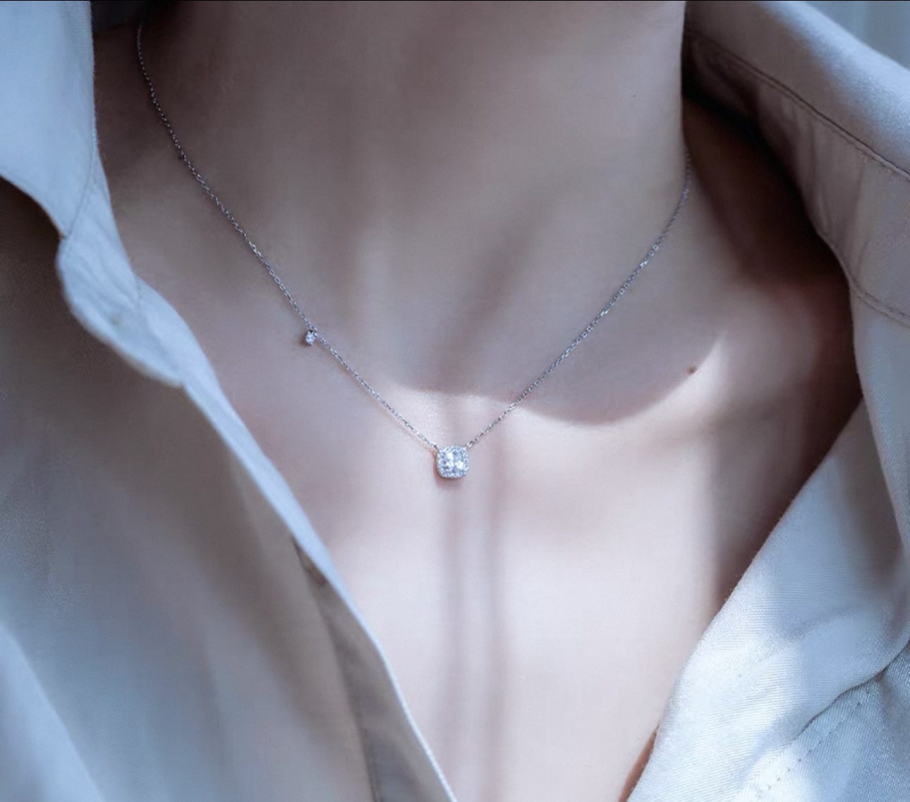 Square studded diamonds, vintage square diamond sterling silver necklace for women