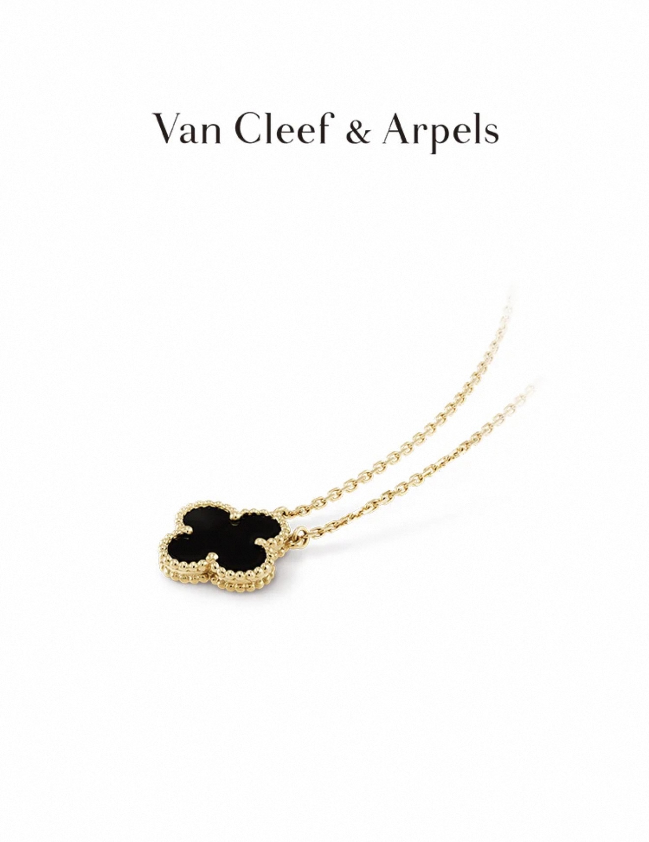 Van Gogh Black Agate 18K Gold Lucky Clover Pendant, medieval collarbone chain, women's necklace