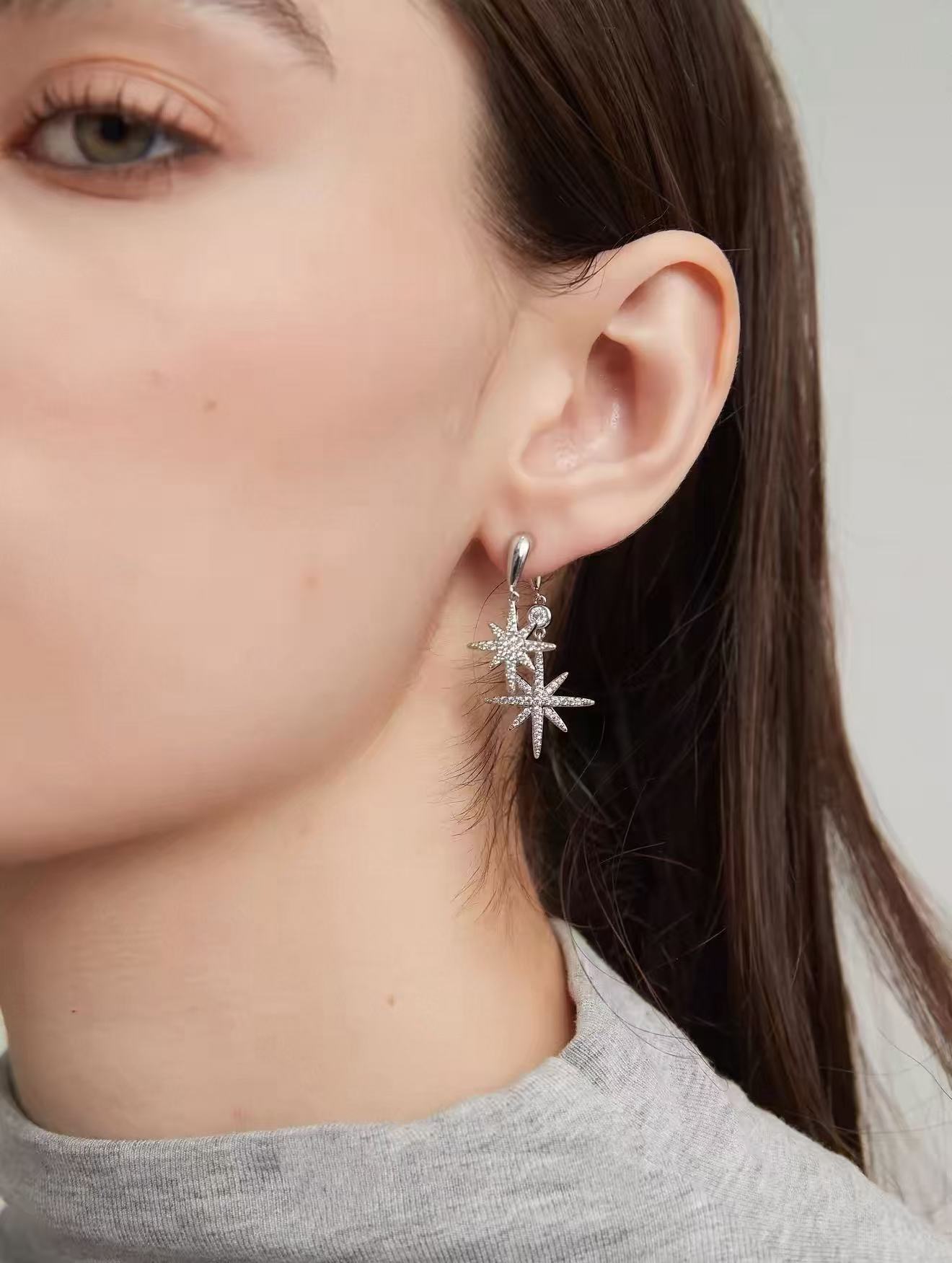 High end, super sparkling, exquisite octagonal star silver diamond studded earrings, earrings