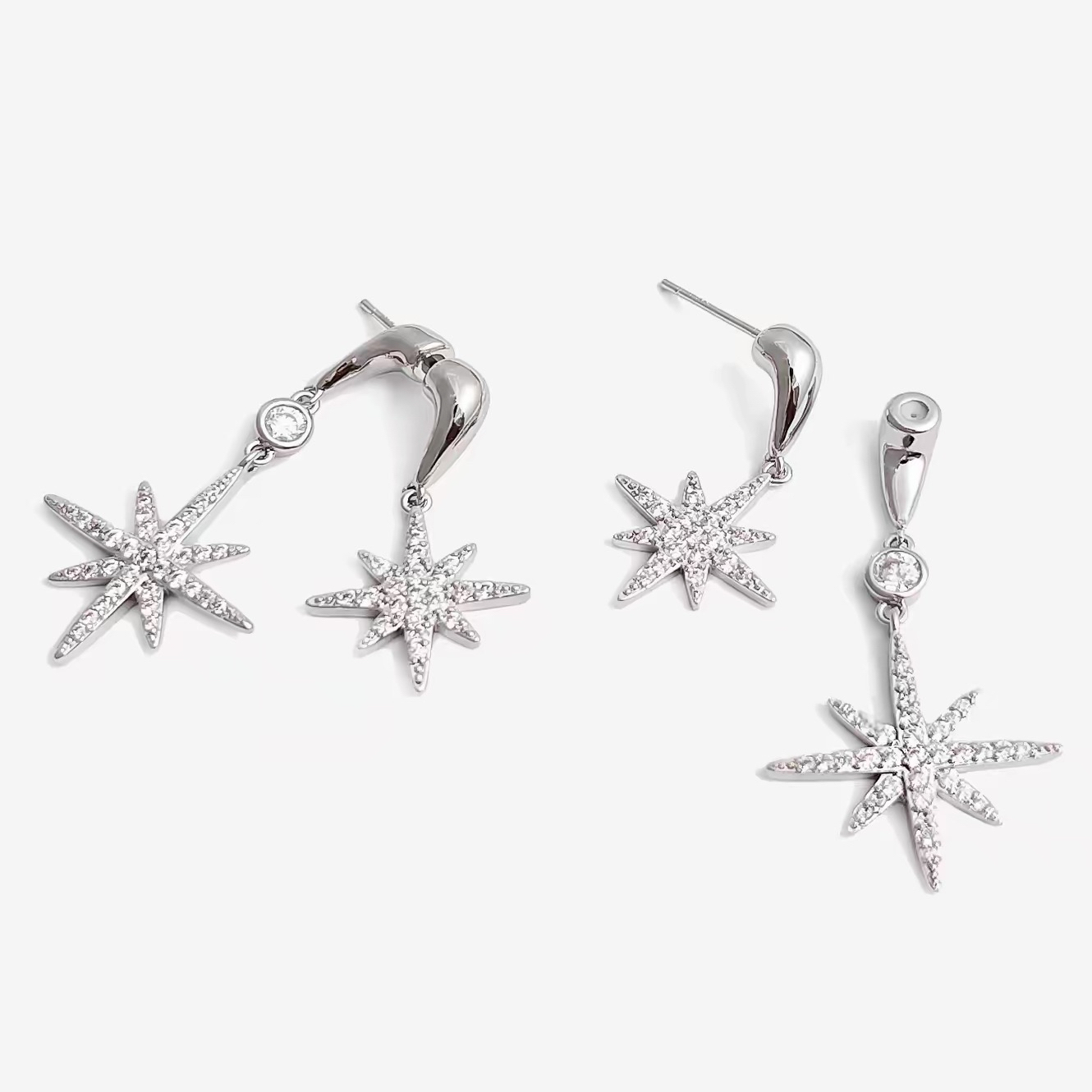 High end, super sparkling, exquisite octagonal star silver diamond studded earrings, earrings