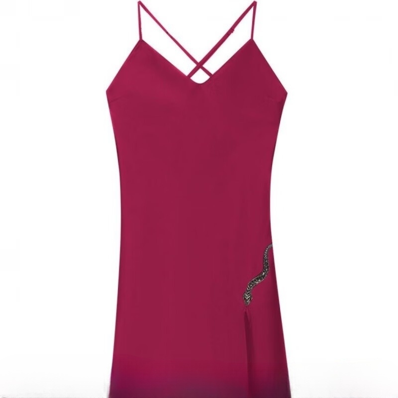 Year of the Snake Limited Series Shiny Decorative Satin Strap Sleeping Skirt for Women in Wine Red