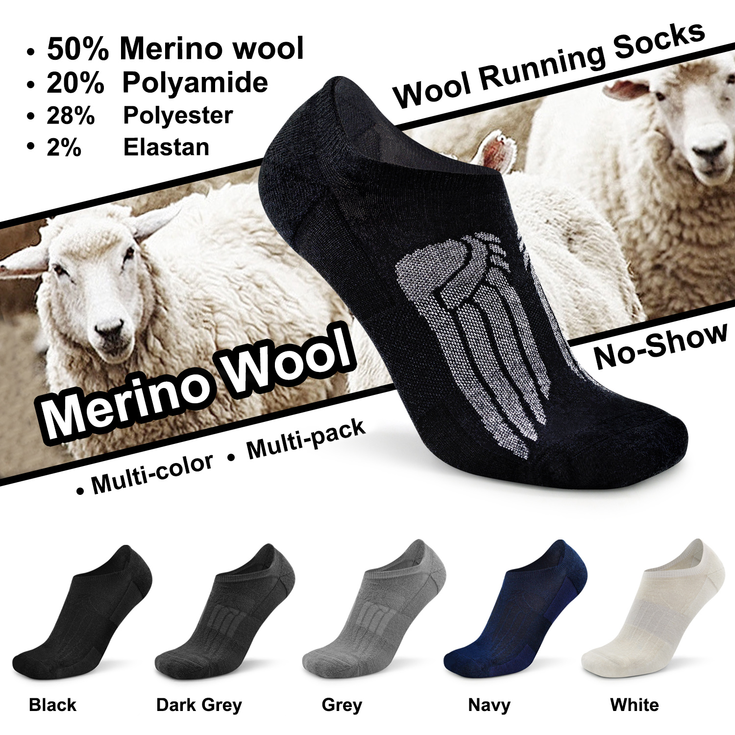 3/6 Pack Thin No Show Merino Wool Running Socks
