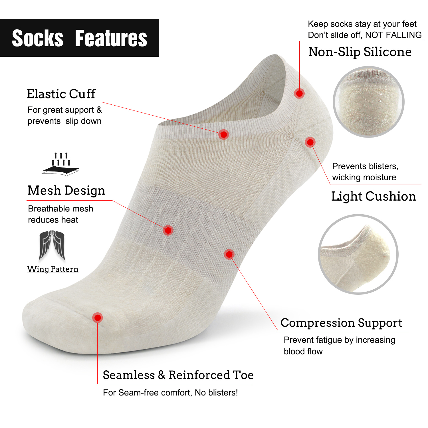 3/6 Pack Thin No Show Merino Wool Running Socks