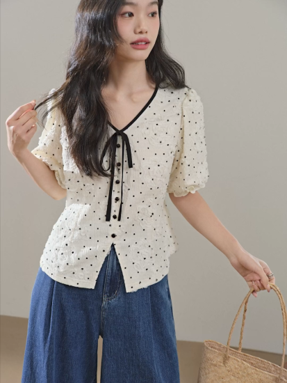 Bluelea♡Dot tweed blouse Polka Dot Blouse – KUOSE.com