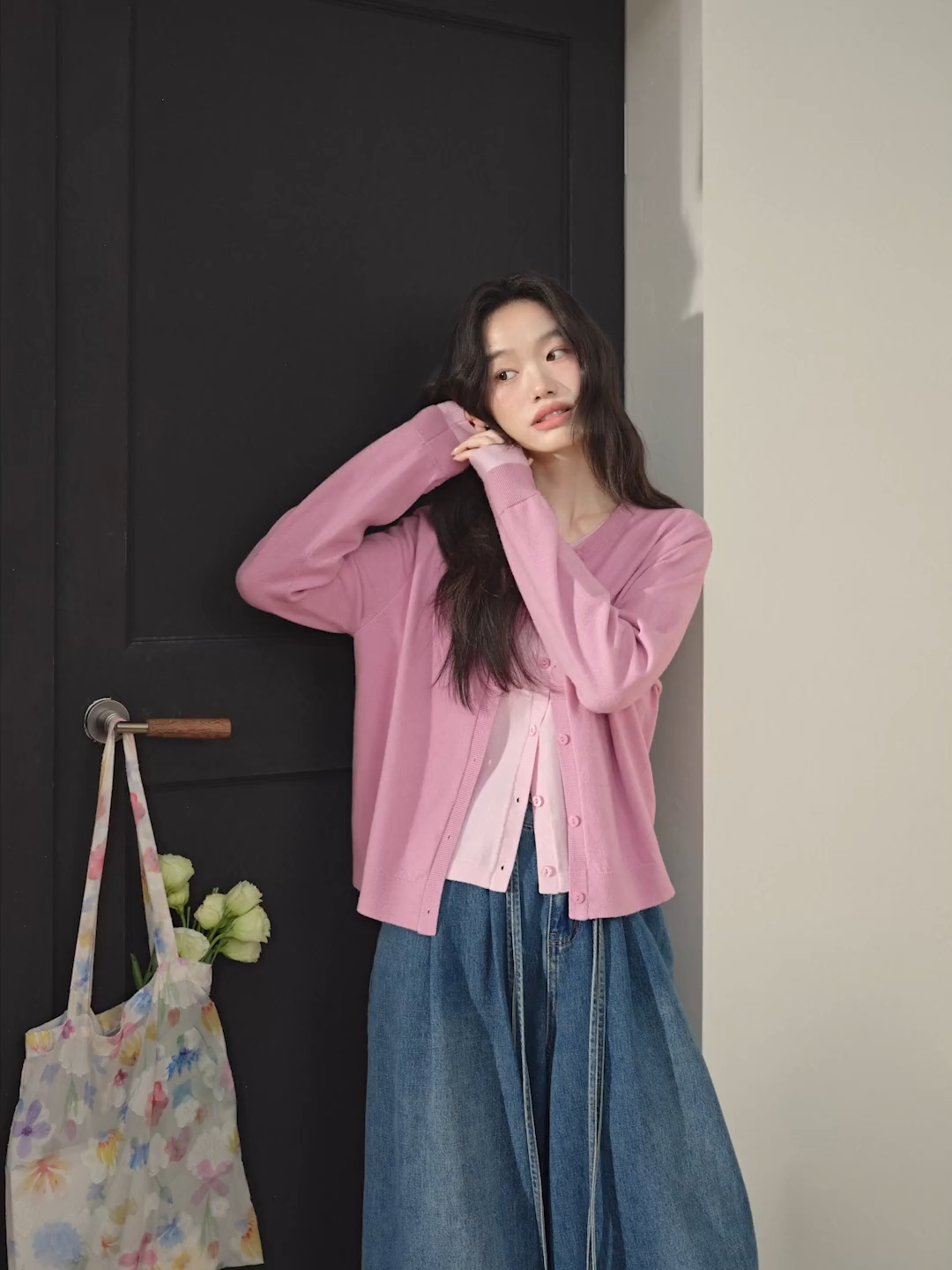 【DALLA】contrast fake two piece Fake Two-piece Cardigan – KUOSE.com