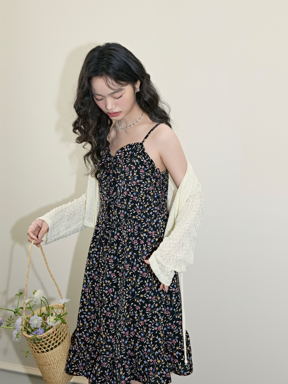 Black Dress & Beige Cardi Set/S