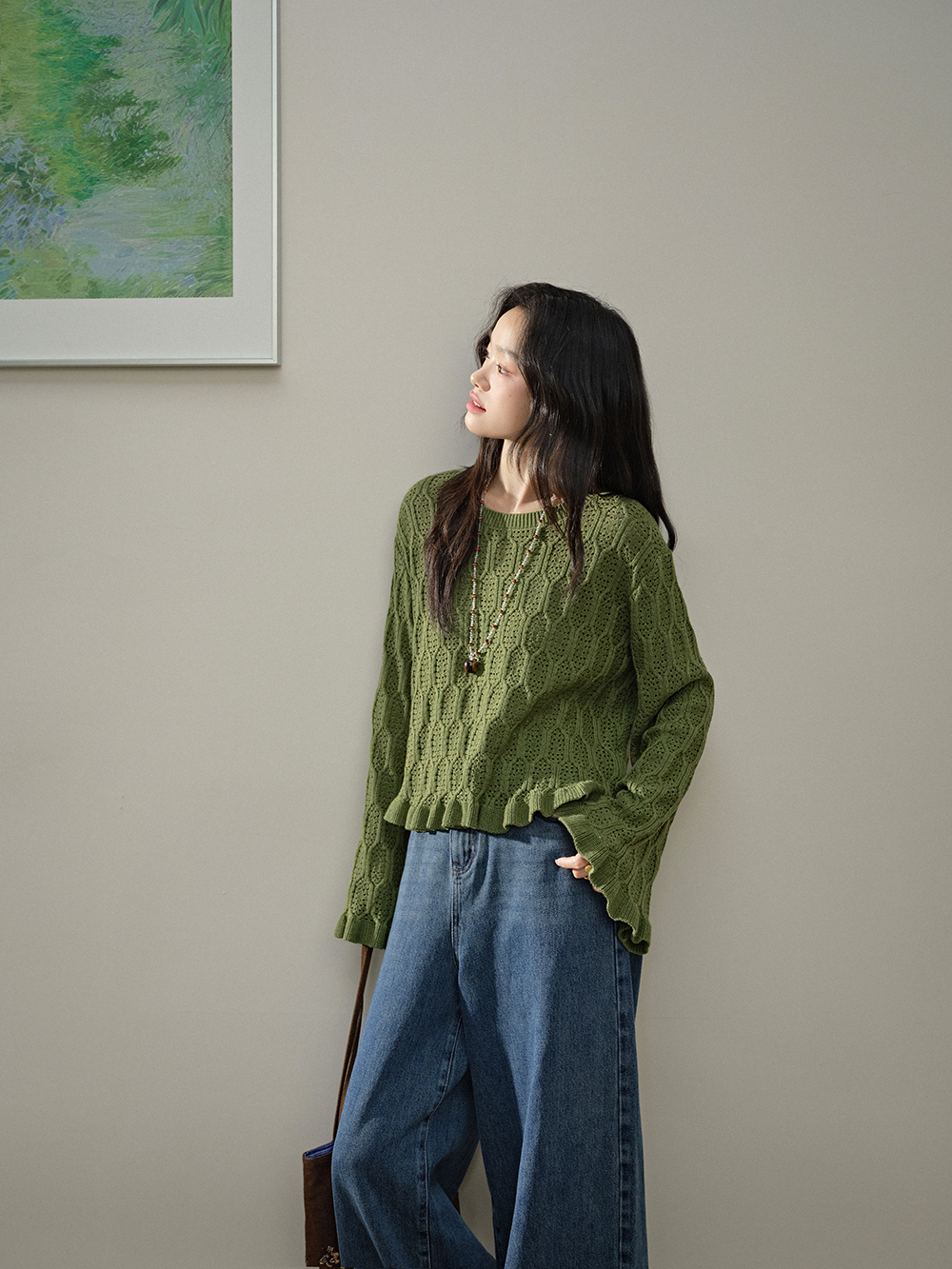 トップス FRILL SLEEVE SWEAT TOP (GREEN) Callie Cotton Knit Ruffle Sleeve Top – Sugarlips