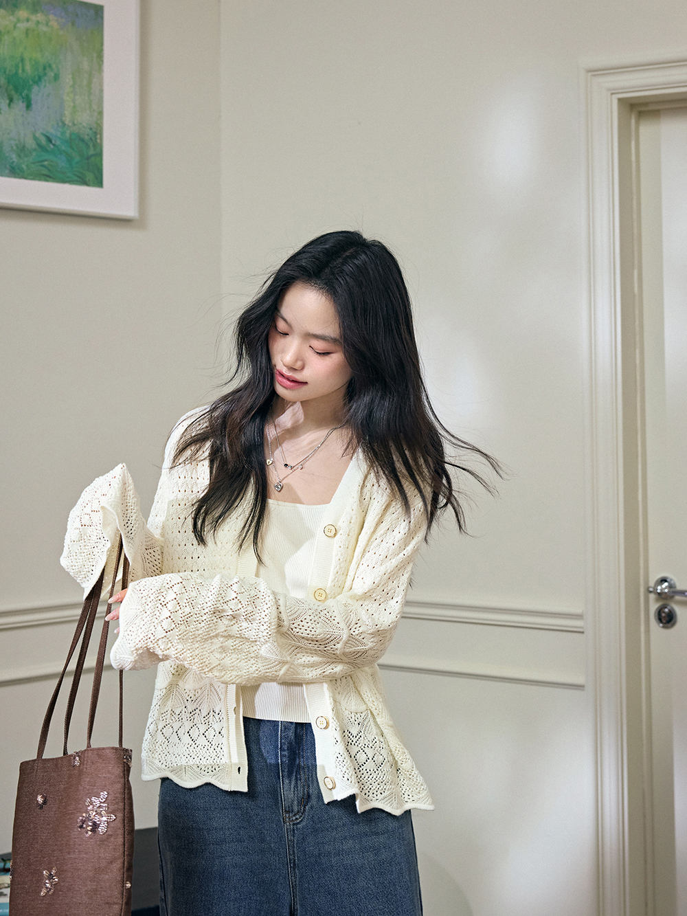 【Raucohouse】Selene shirring mix knit top Xiaojmake Women's 2024 Summer Crop Knit Tops Crochet Hollow