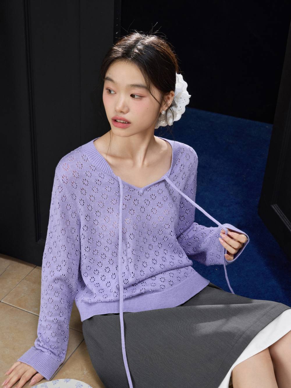 トップス THE SHISHIKUI knit cami | blue grey Summer Chiné Knit Hoodie (S50GU0226-M13097-PETROL)