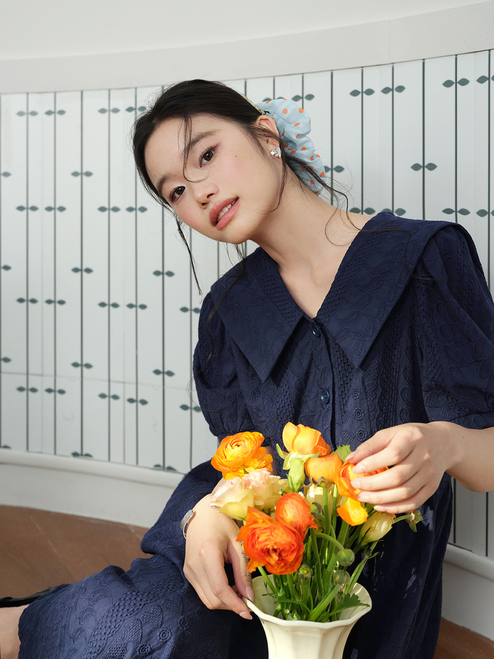 Dark Blue Puff Sleeve Dress