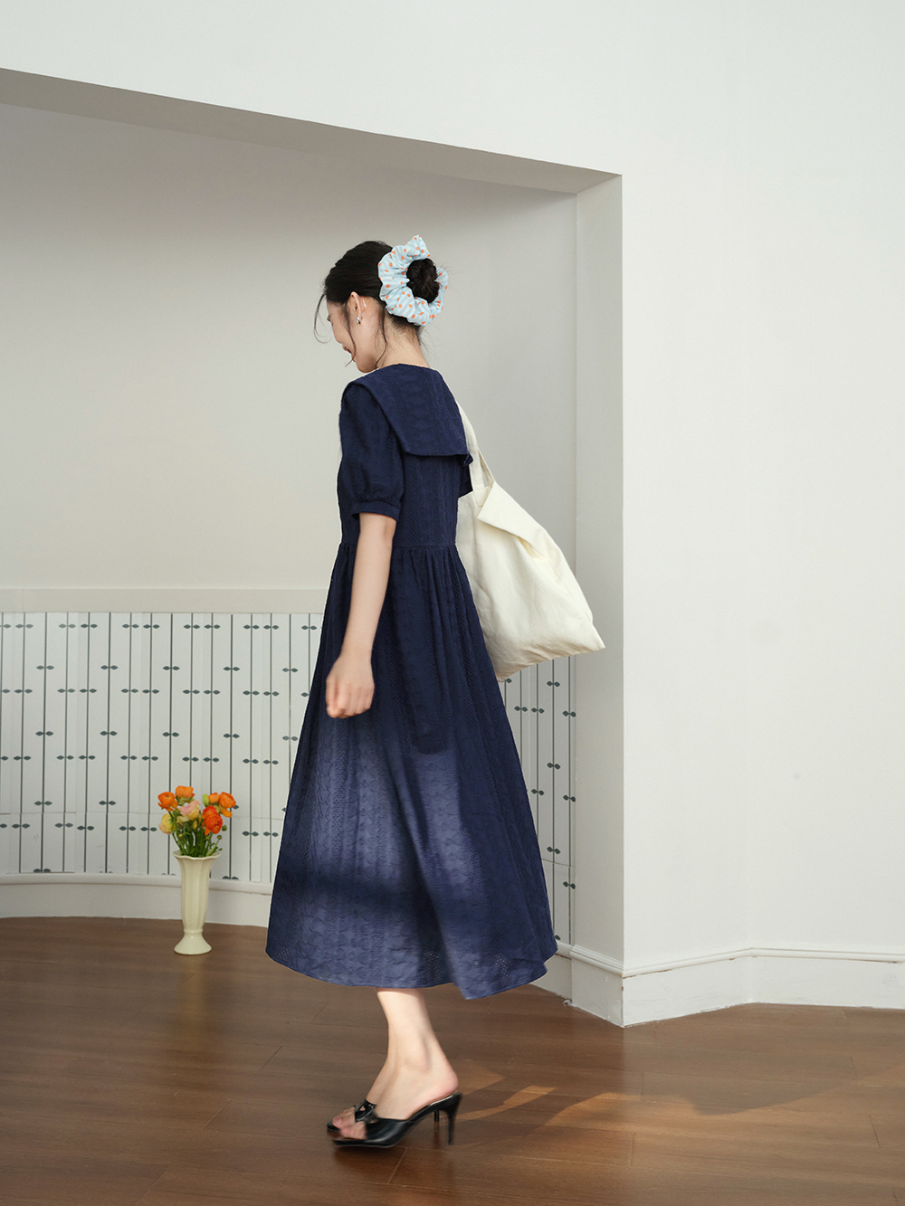 Dark Blue Puff Sleeve Dress