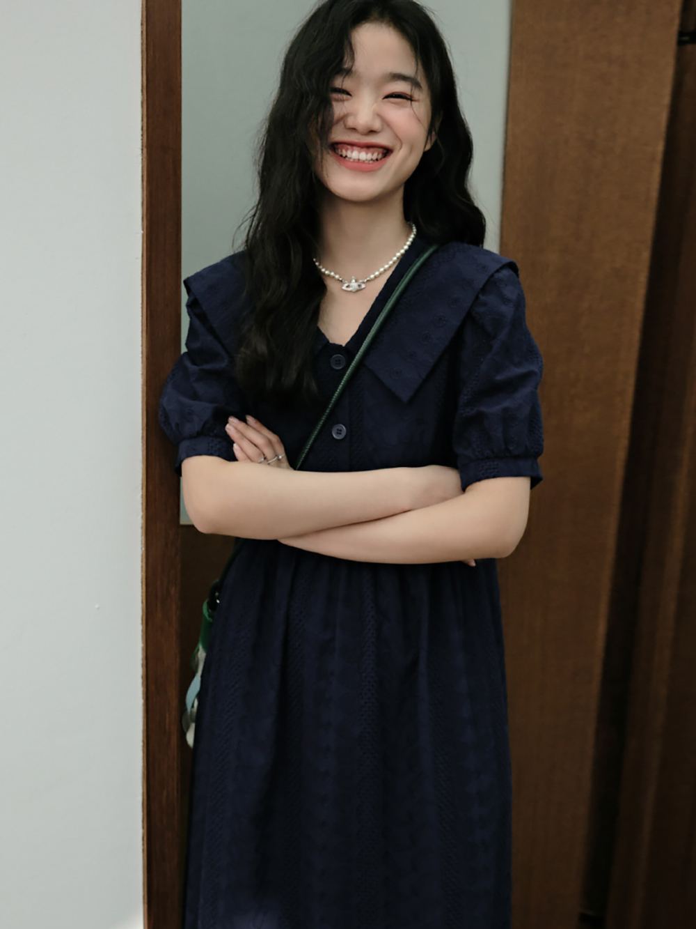 Dark Blue Puff Sleeve Dress