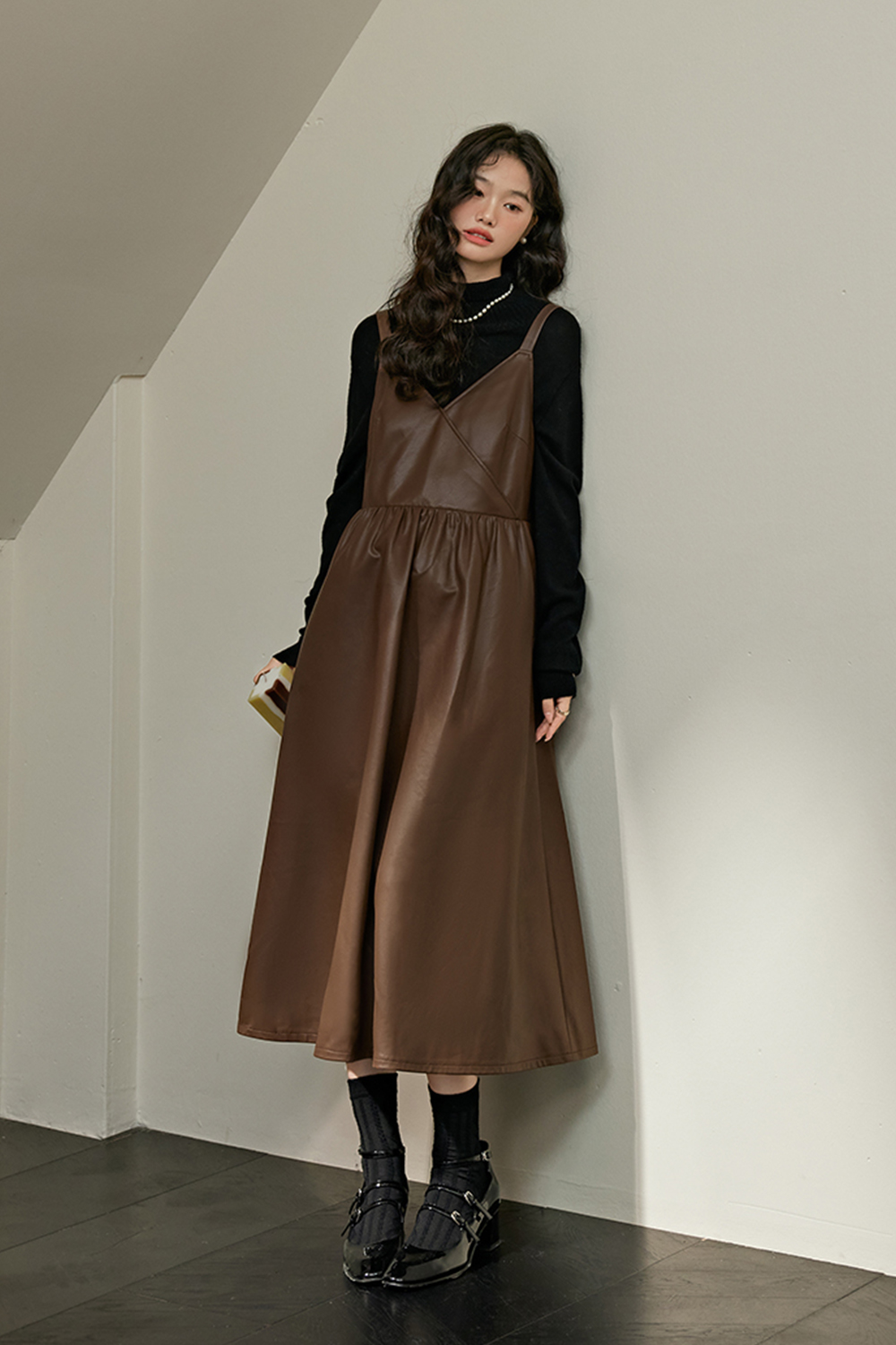 dress with leather bodice Corset Mini Leather Dress M / Brown main image 1