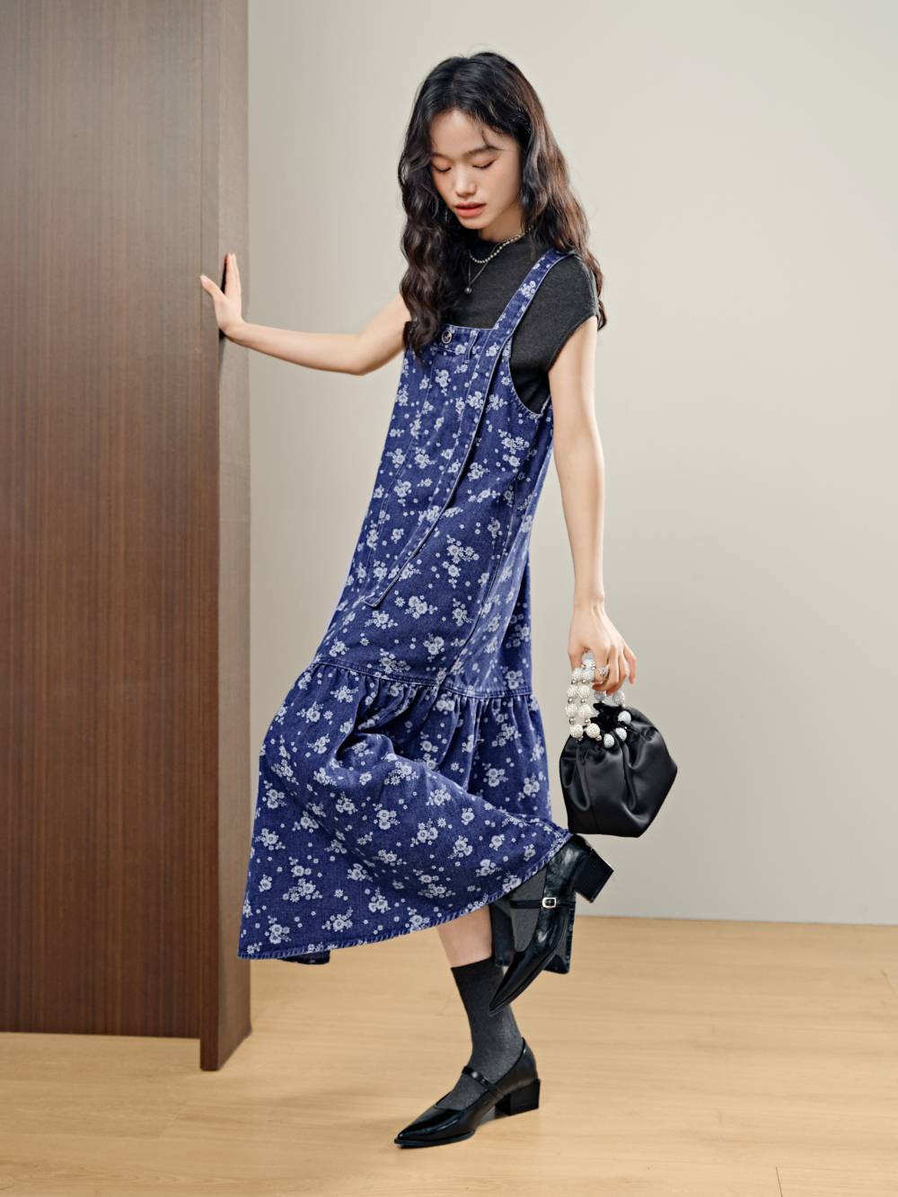 Long denim fashion pinafore dress