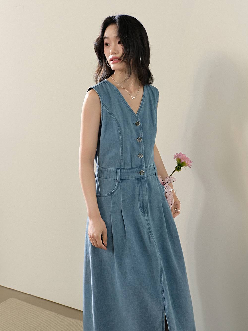 yuyu様12/10⭕️裂きdenimバラとleather   ヘアゴム Front Slit Denim Dress – KUOSE.com