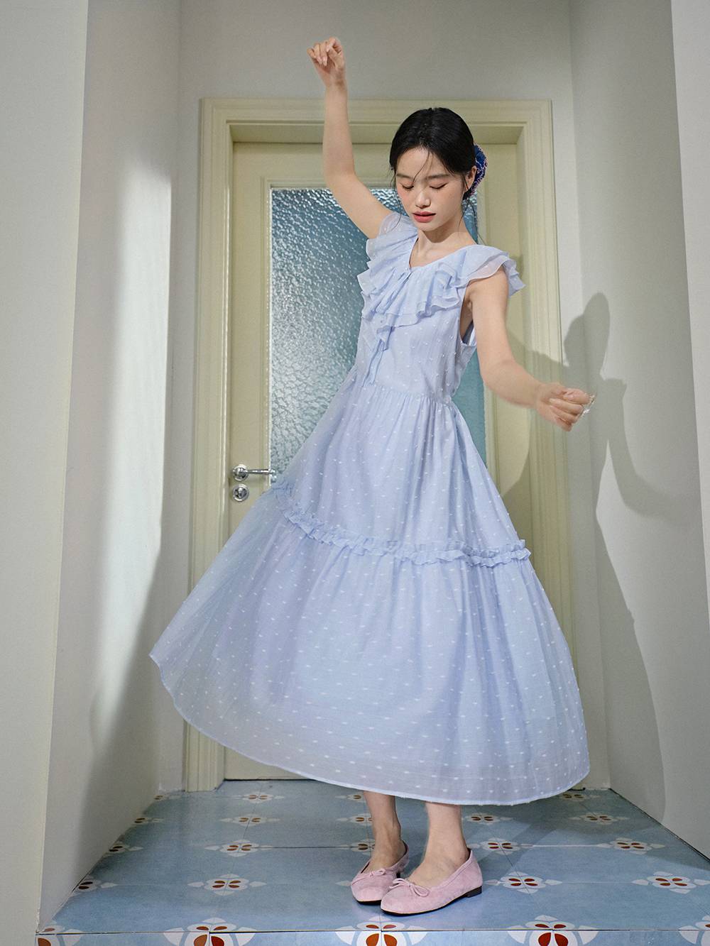 blue ruffle v neck dress Miss Behave Girls main image 1