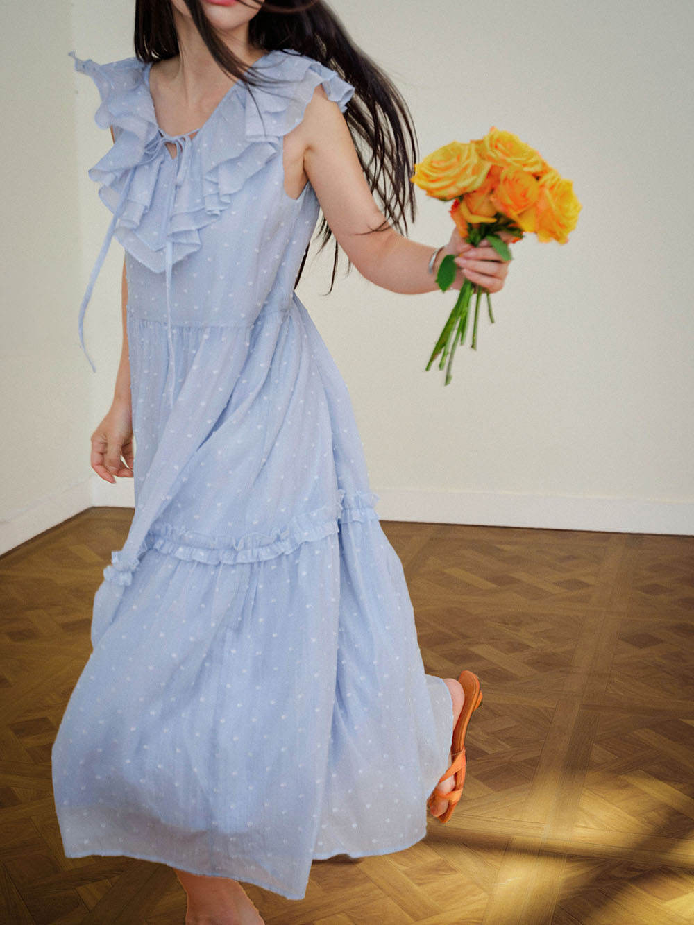 blue ruffle v neck dress Frill V-Neck Short Sleeve Ruffle Hem Dress Misty Blue / XL