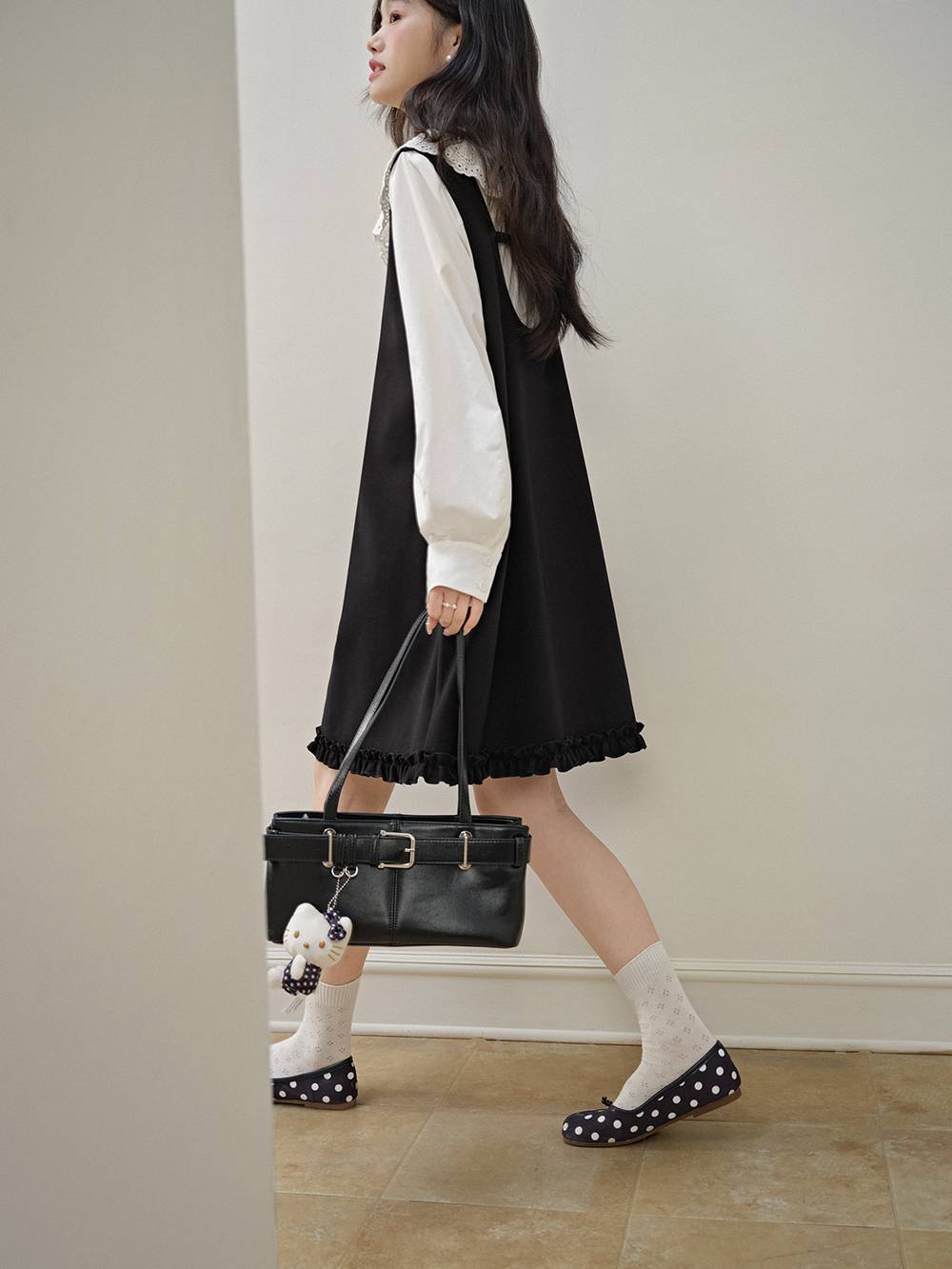 スカート QOOZA IMVAL Frill Leather Dress LEATHER SHIRT DRESS W/ SLEEVE DETAIL