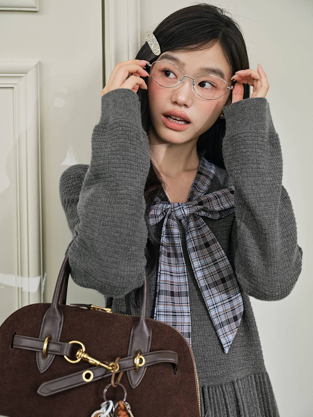 Plaid Ribbon Tie Knit Dress – KUOSE.com