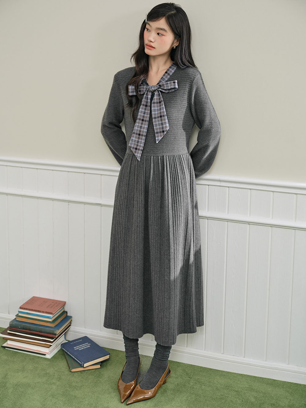Plaid Ribbon Tie Knit Dress – KUOSE.com