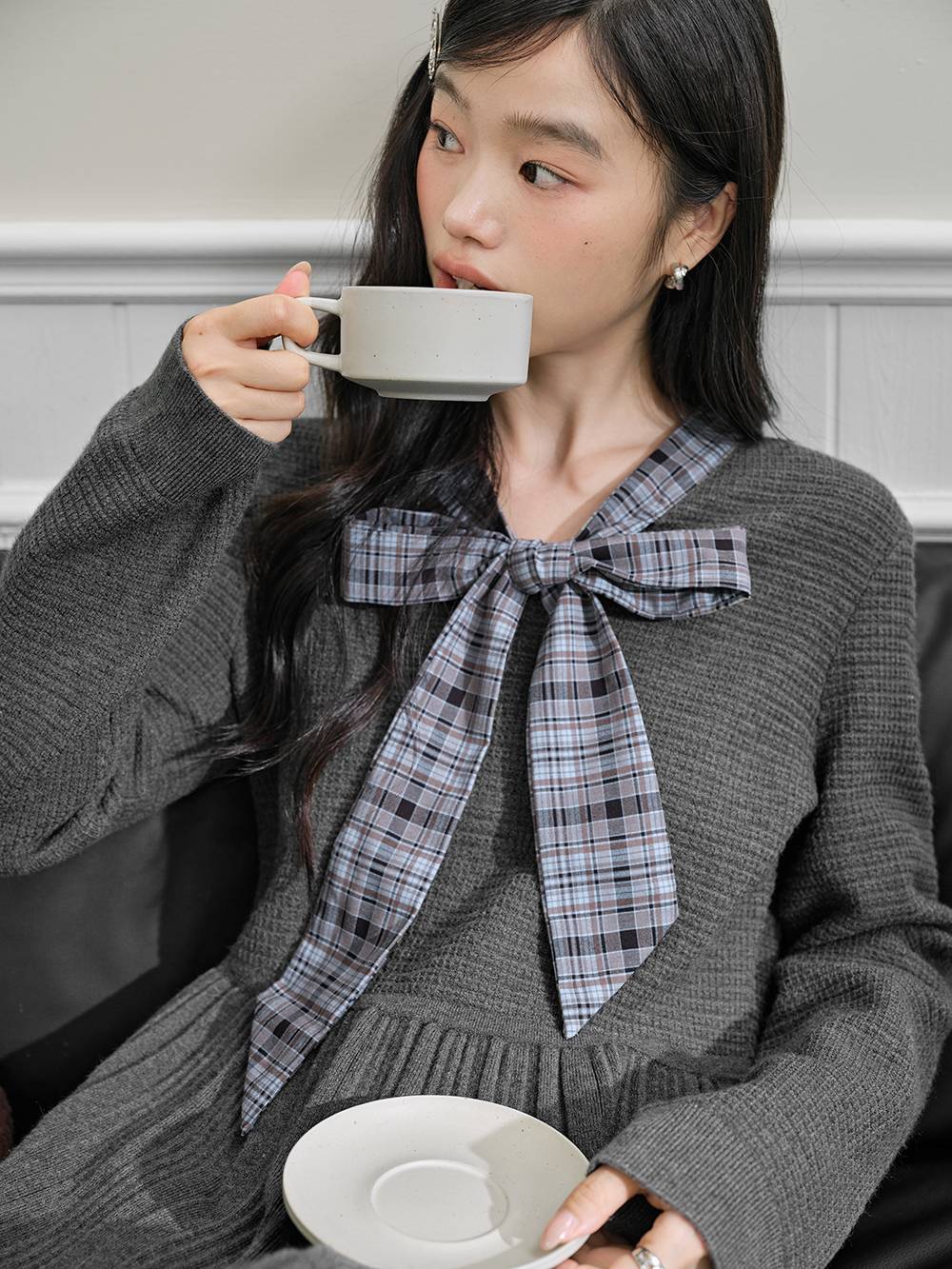 Plaid Ribbon Tie Knit Dress – KUOSE.com