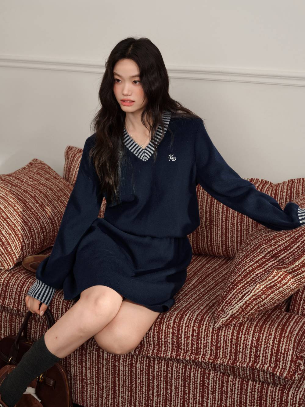 Navy Striped Waist Cinched Knit Dress