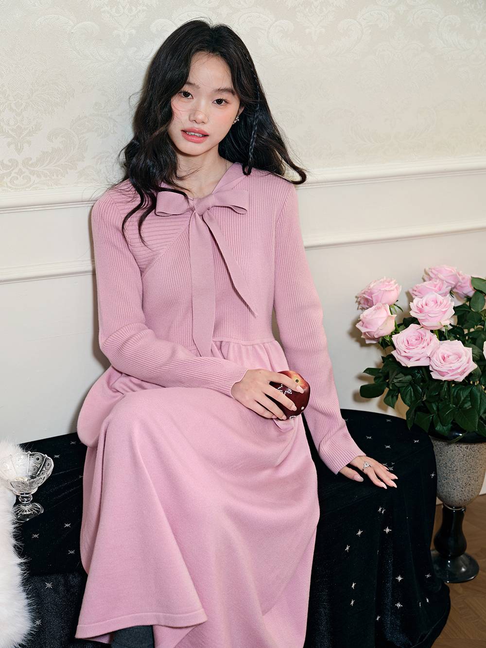 Ribbon Tie Neck Knit Dress – KUOSE.com