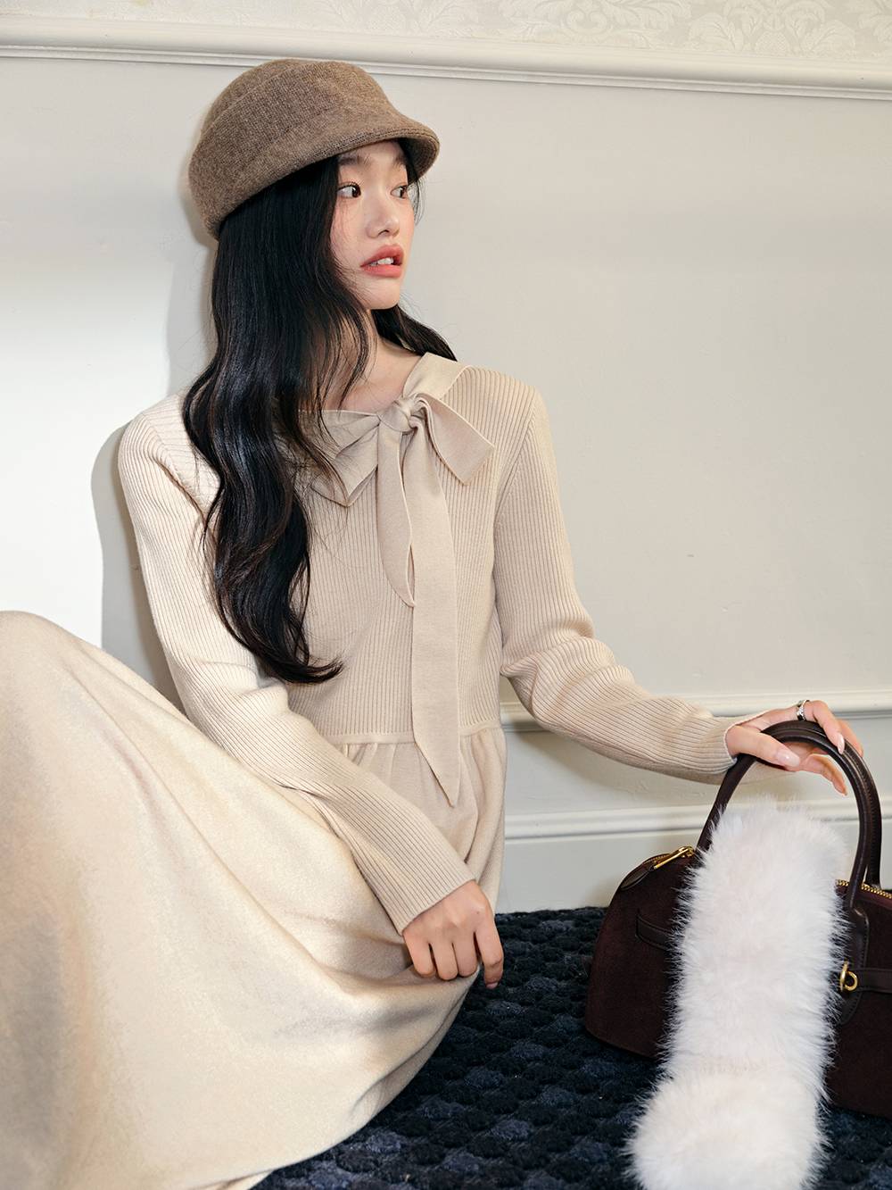 Ribbon Tie Neck Knit Dress – KUOSE.com