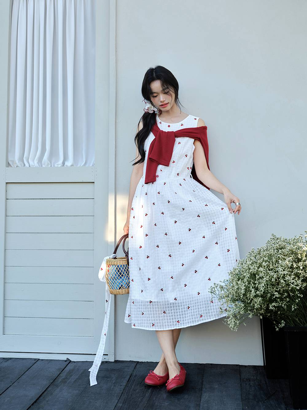 cherry red summer dress Say hello to our summer RED dress! This bright, cherry red mini dress is full of charm with its playful trim details and flattering cinch waist. Made from breezy cotton fabric,