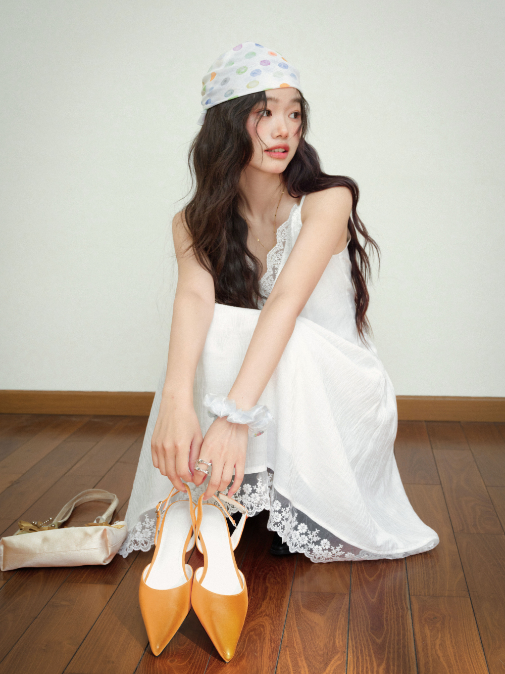 knee length dresses for ladies Lace Cutout Floral Print Cami Dress White / XL main image 1