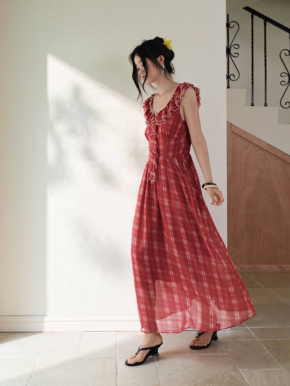open back ruffle dress Red Plaid Open Back Ruffle Dress