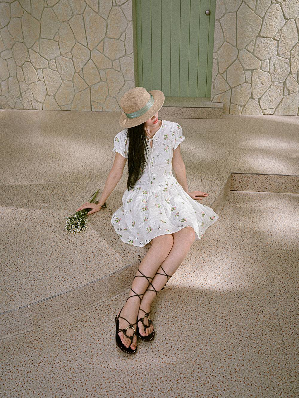 embroidered flower mini dress Juniper Hand Embroidered Floral Mini Dress / Gold/Teal | MESHKI