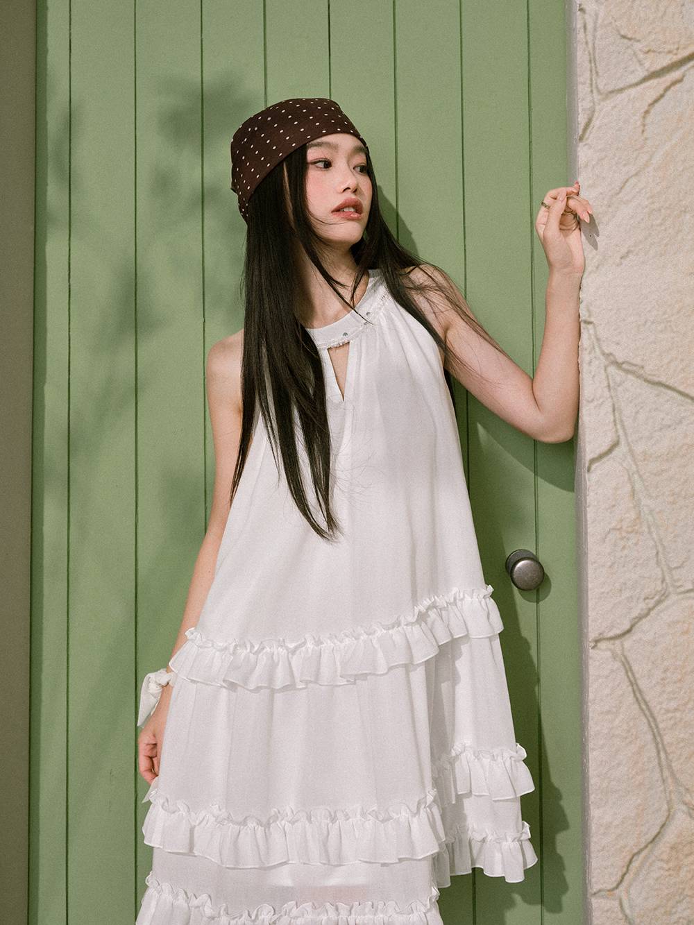 tiered ruffle halter dress Baby Blue Layered Ruffle Halter Neck Midi Dress