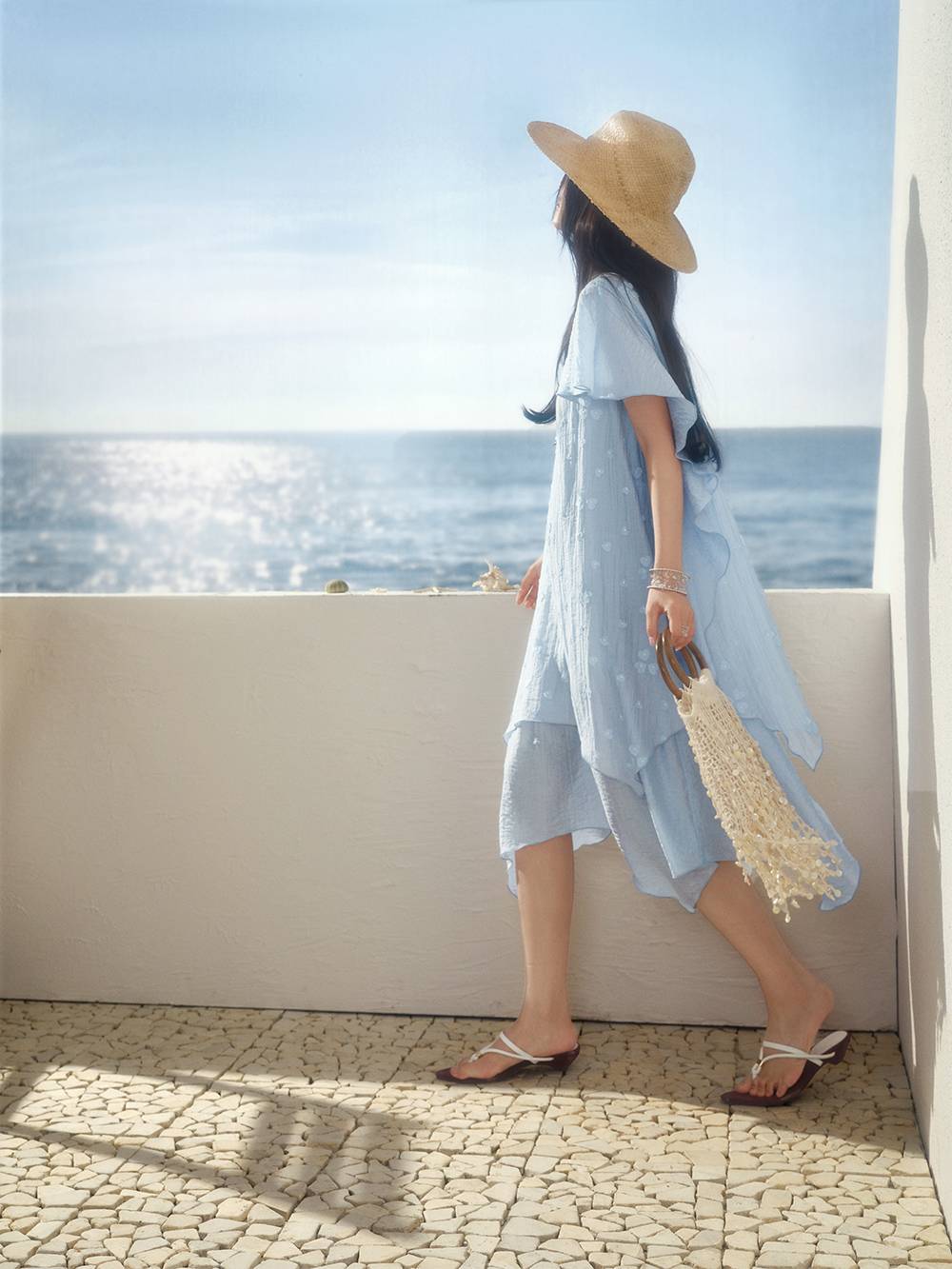 layered cape dress Blue Layered Cape Dress