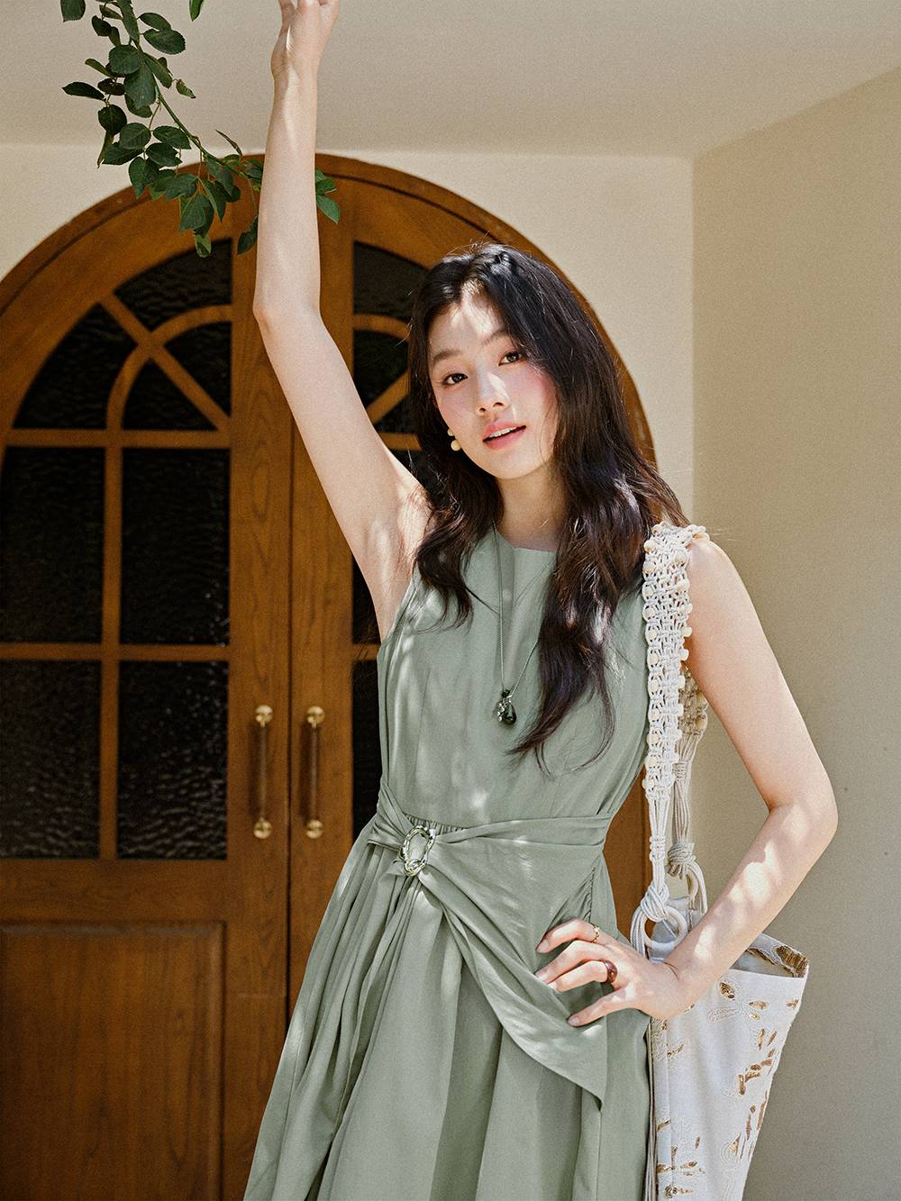 green tie waist dress Tie-Waist Midi Dress