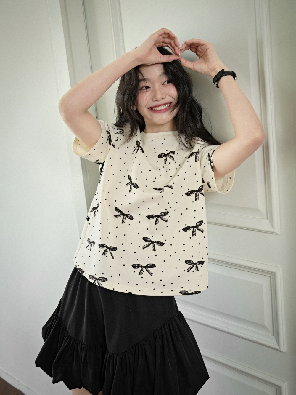 【COLOR iN ID】Shui off-shoulder ribbon T-shirt Ribbon Dots T-shirt – KUOSE.com