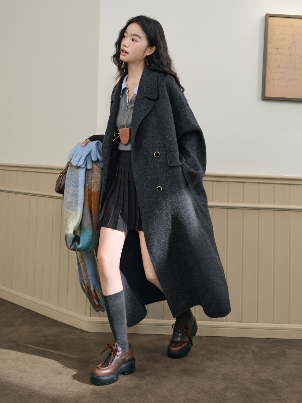 CALLE黒 ウール レザー ダブルブレスト ピーコート CALLE黒 ウール レザー ダブルブレスト ピーコート CALLE黒