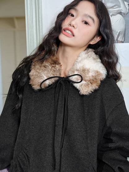 クオセ KUOSE ファーコート　Faux Fur Collar Coat Detachable Faux Fur Collar Coat – KUOSE.com