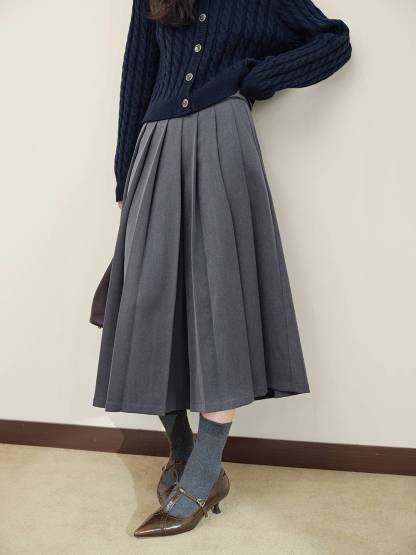 COTTON CHAMBRAY PLEATED WRAP SKIRT(XS Black): Vintage 1.1