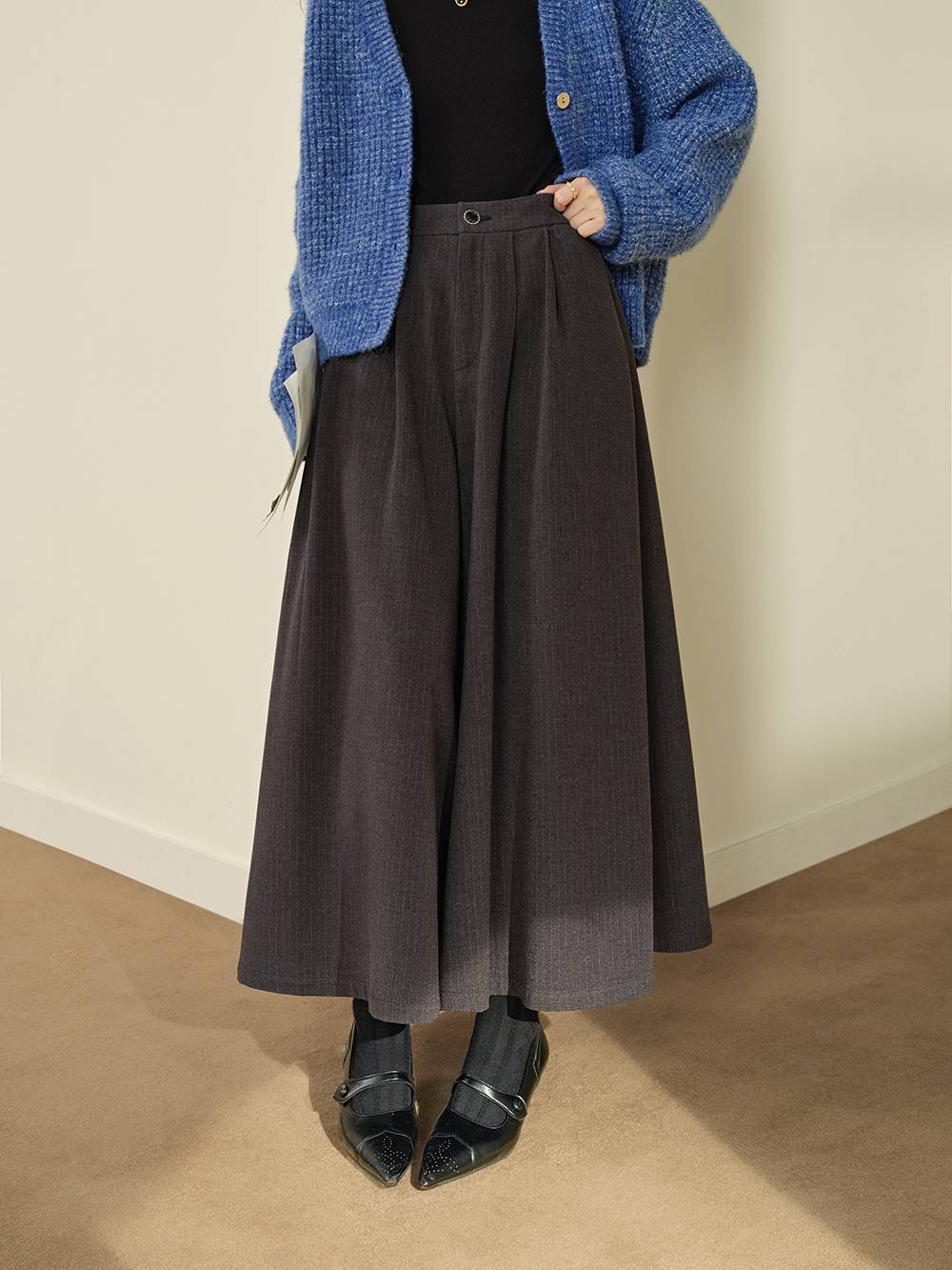 SHE TOKYO Fredグレー ワイドパンツ プリーツ入り
