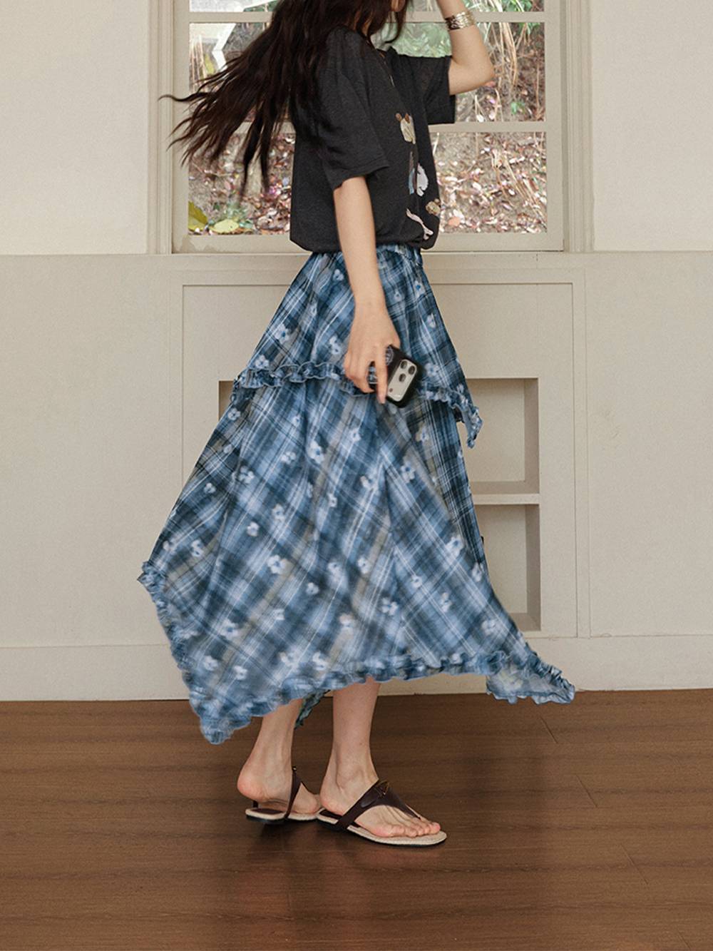 アシンメトリーフローラルチェック柄ミディスカート – KUOSE.com