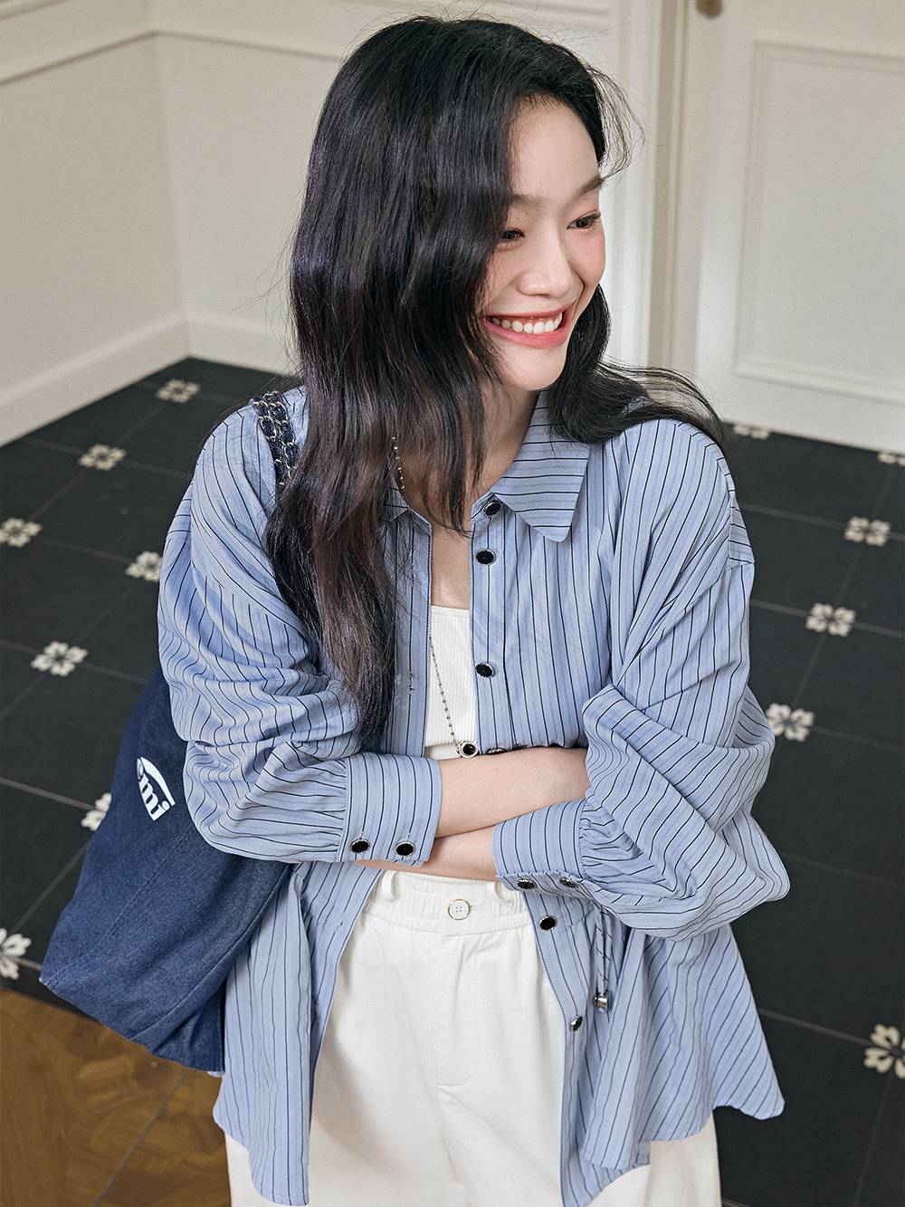 ストライプ柄ドローストリングウエストブラウス – KUOSE.com
