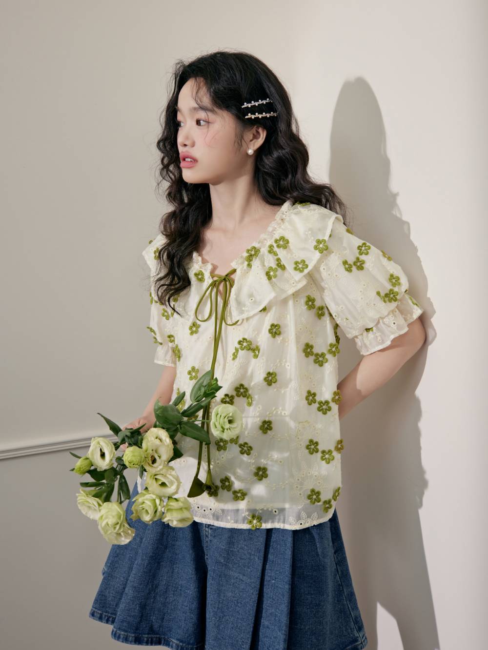 Lady Chiffon Lace Shirt Thin Blouse Short Sleeve Hollow Out