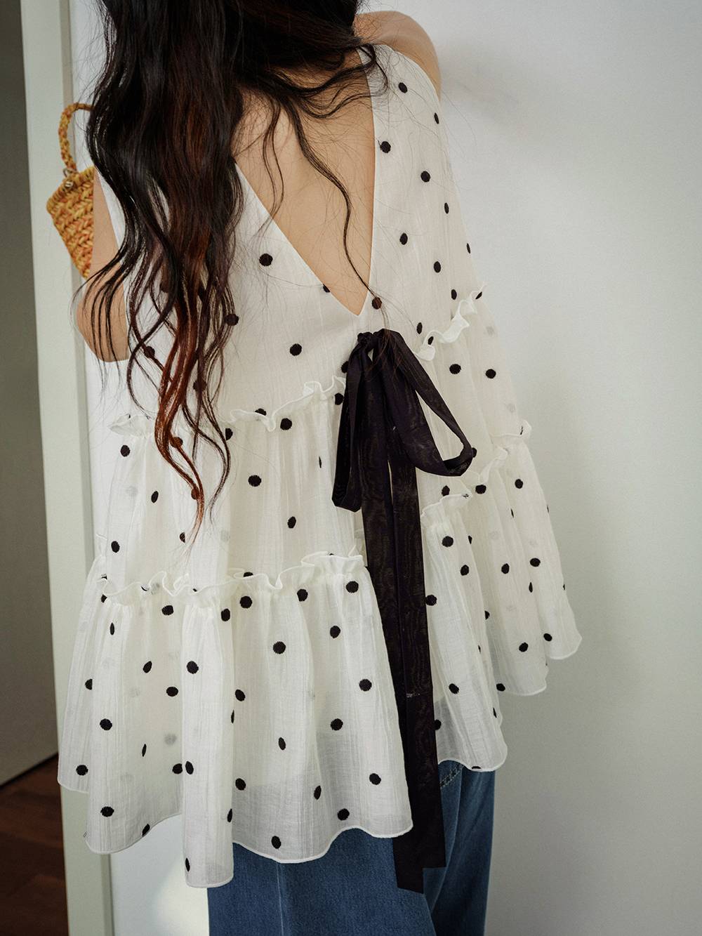 Polka Dot Ribbon Tie Babydoll Top – KUOSE.com