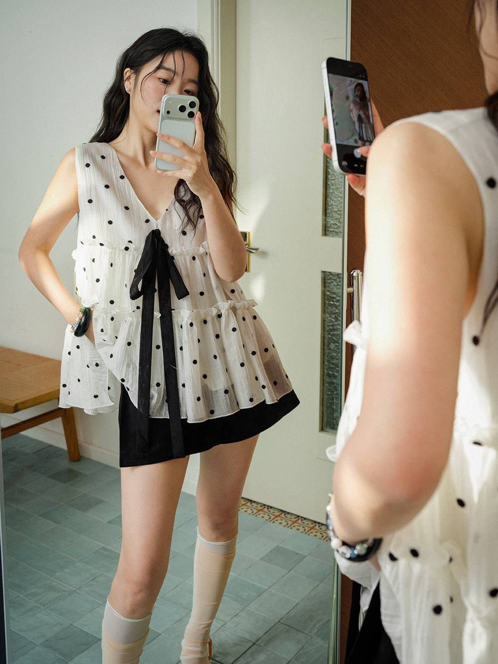 Polka Dot Ribbon Tie Babydoll Top – KUOSE.com