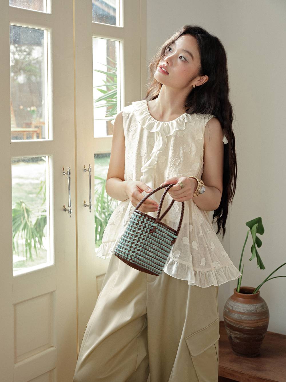 Ruffle Ribbon Tie Shoulder Top – KUOSE.com