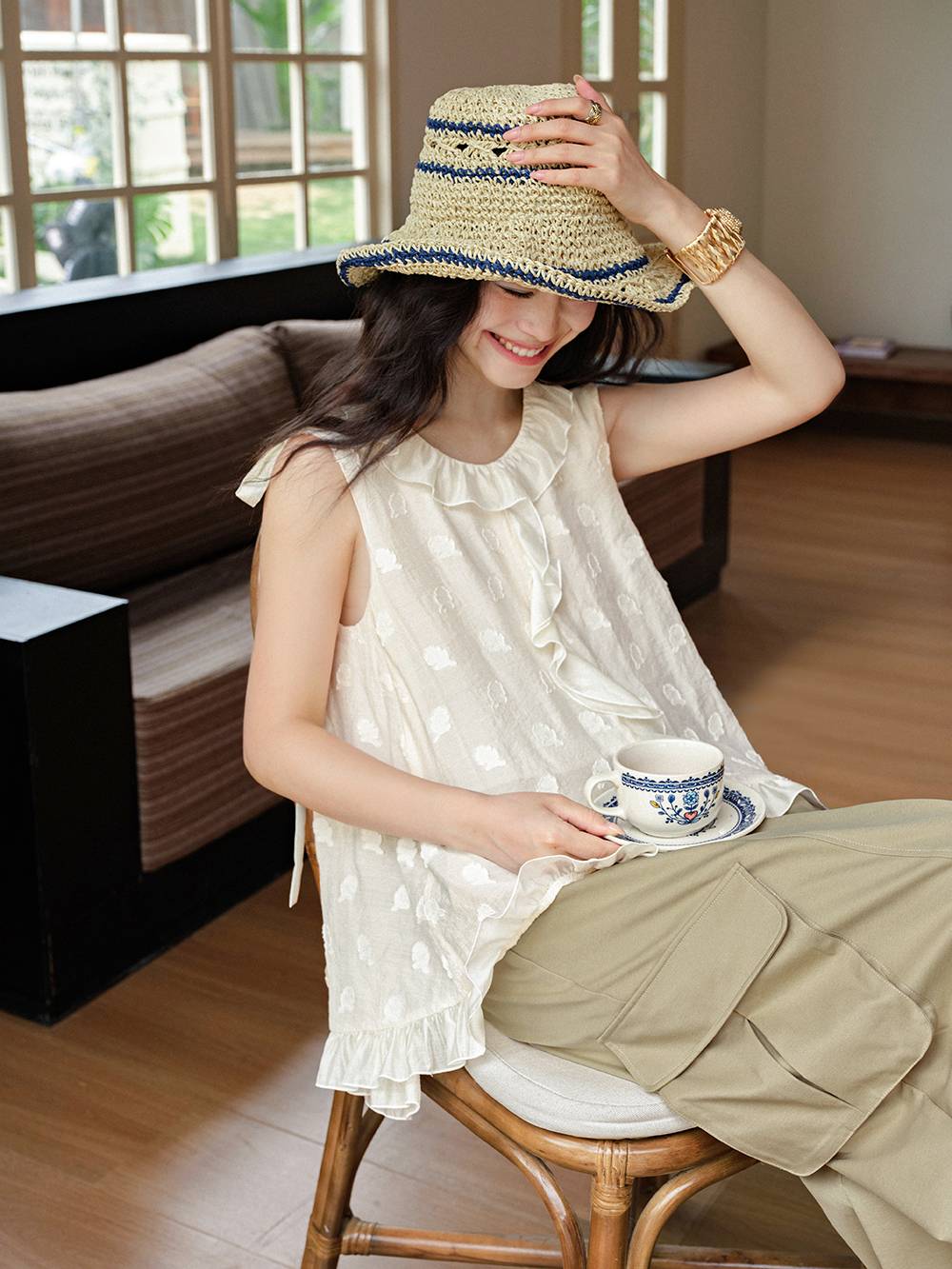 Ruffle Ribbon Tie Shoulder Top – KUOSE.com
