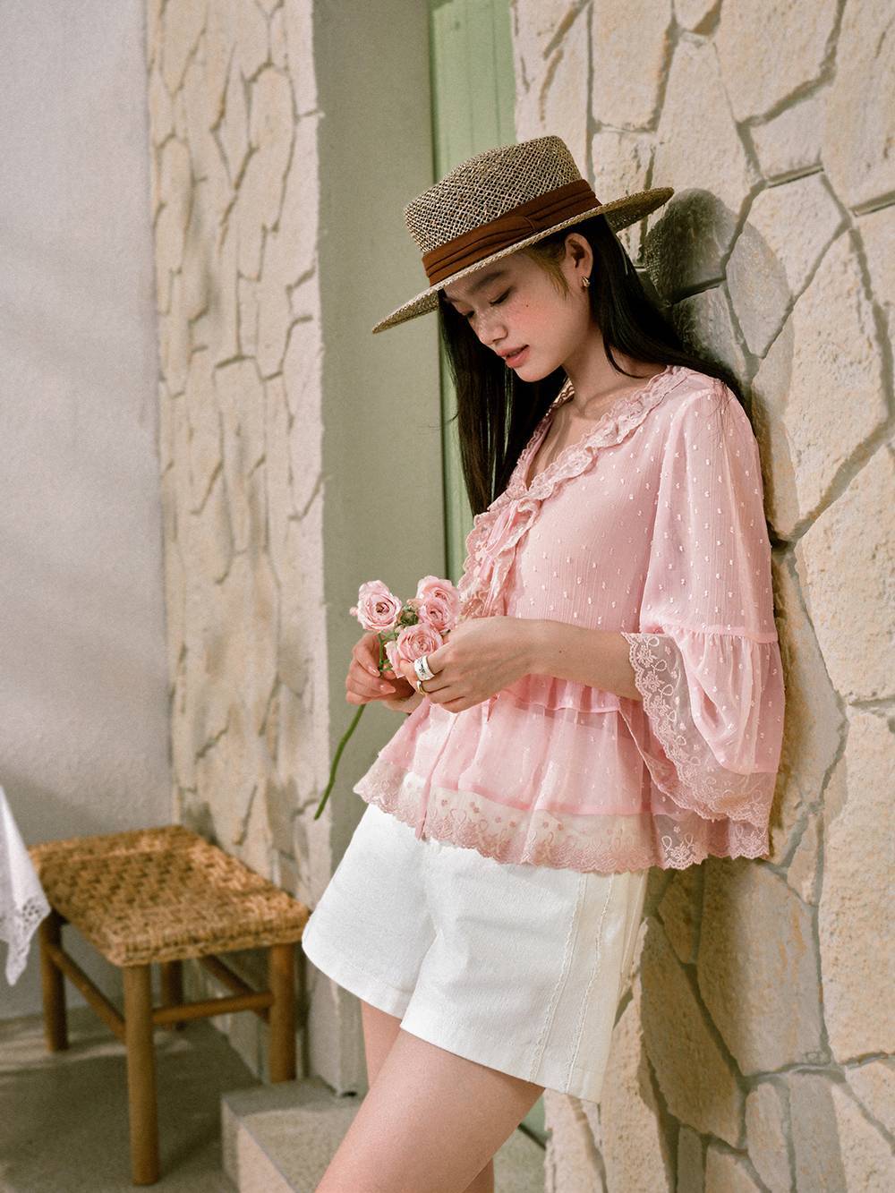 Pink Lace Trim Blouse – KUOSE.com