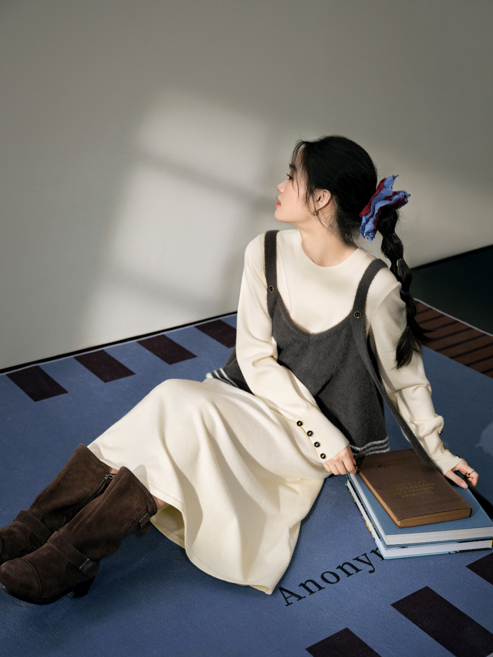 vest knit dress Beige Sweater Vest Dress  Two-in-One Collared Mini